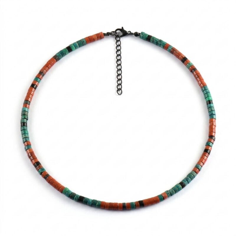 Collier 4mm perles heishi jaspe rouge turquoise africaine