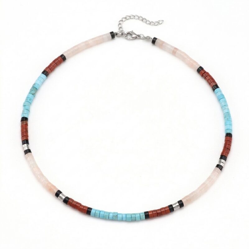 Collier perles heishi agate jaspe turquoise & quartz