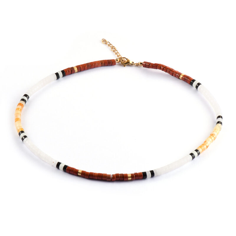 Collier perles heishi pierres naturelles agate rouge quartz blanc et jaune