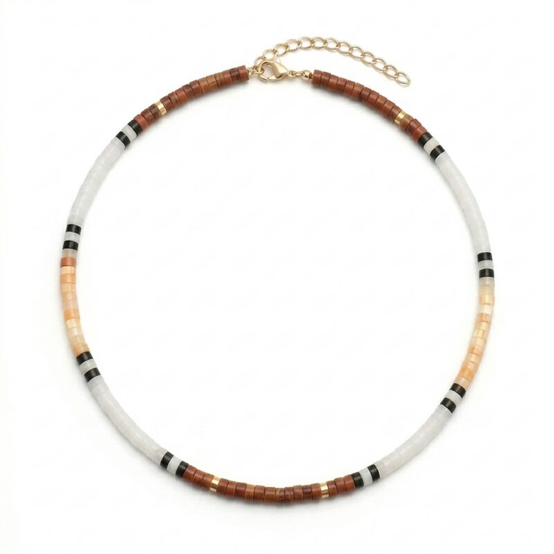 Collier perles heishi pierres naturelles agate rouge quartz blanc et jaune