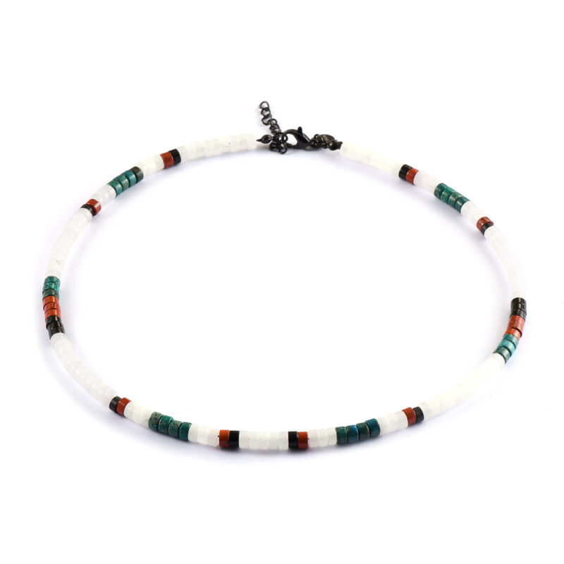 Collier perles heishi pierres naturelles agate rouge quartz blanc malachite