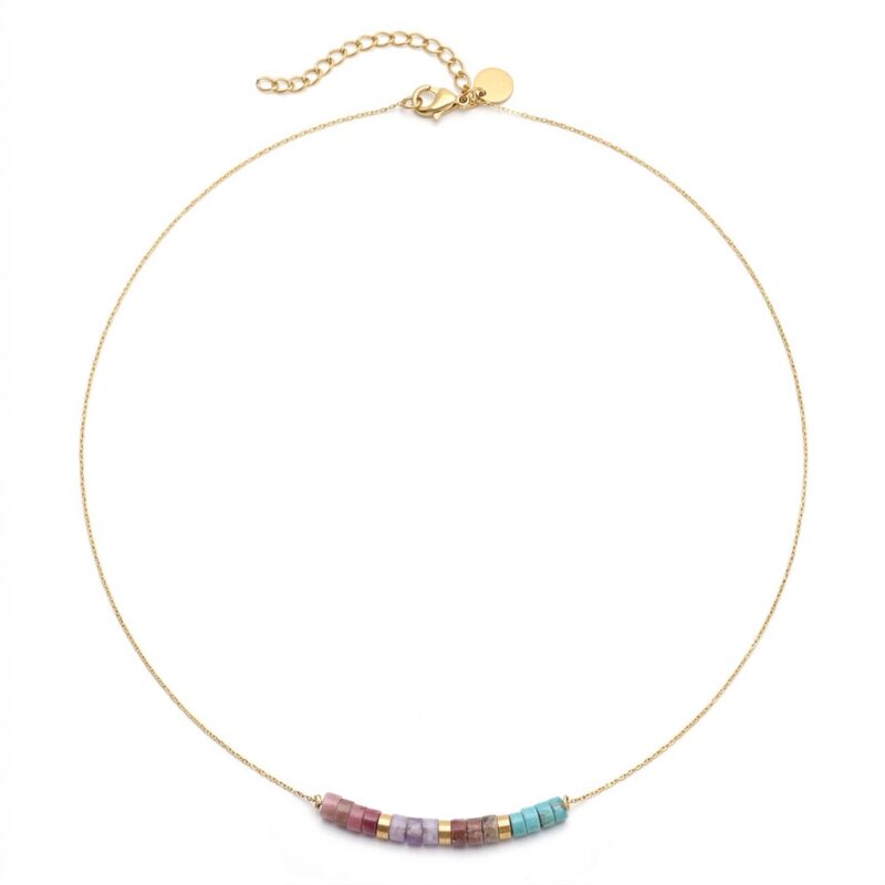Collier perles heishi pierres naturelles améthyste turquoise jaspe rouge