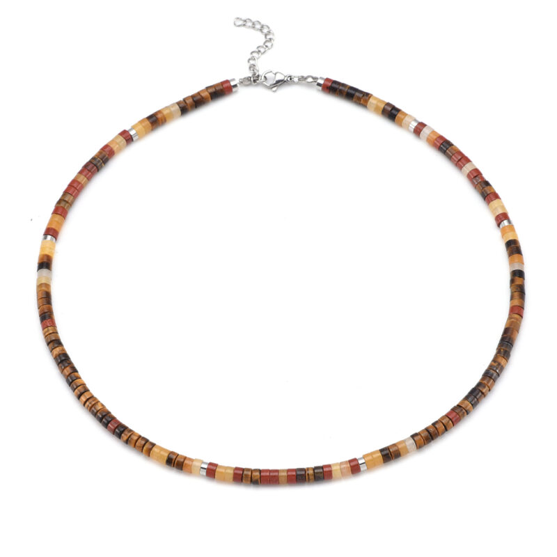 Collier perles heishi pierres naturelles œil de tigre jaspe rouge aventurine jaune