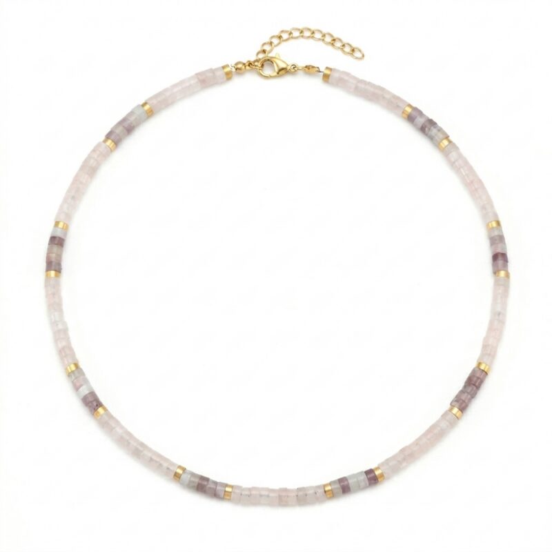 Collier perles heishi pierres naturelles quartz rose améthyste