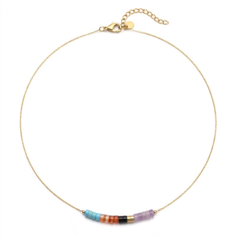 Collier perles heishi pierres naturelles turquoise améthyste onyx jaspe rouge