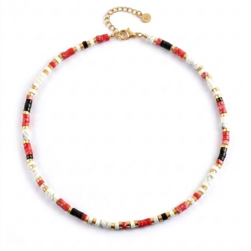 Collier perles heishi pierres naturelles turquoise blanche agate rouge onyx noir
