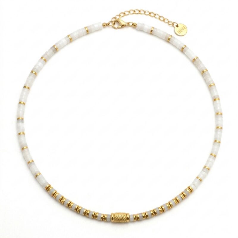 Collier perles heishi quartz blanc bali