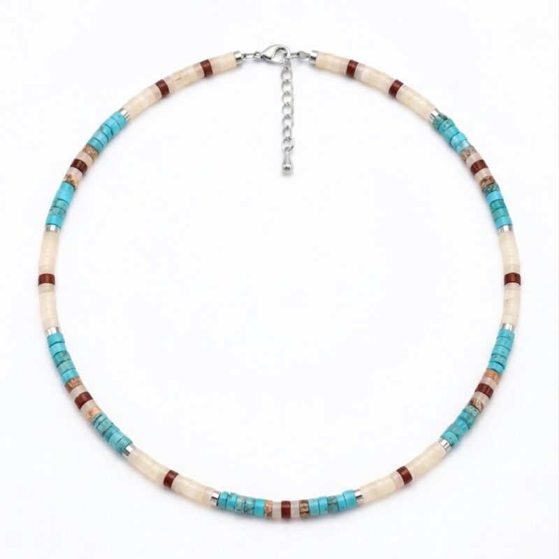 Collier perles heishi turquoise jaspe rouge paysage et blanc