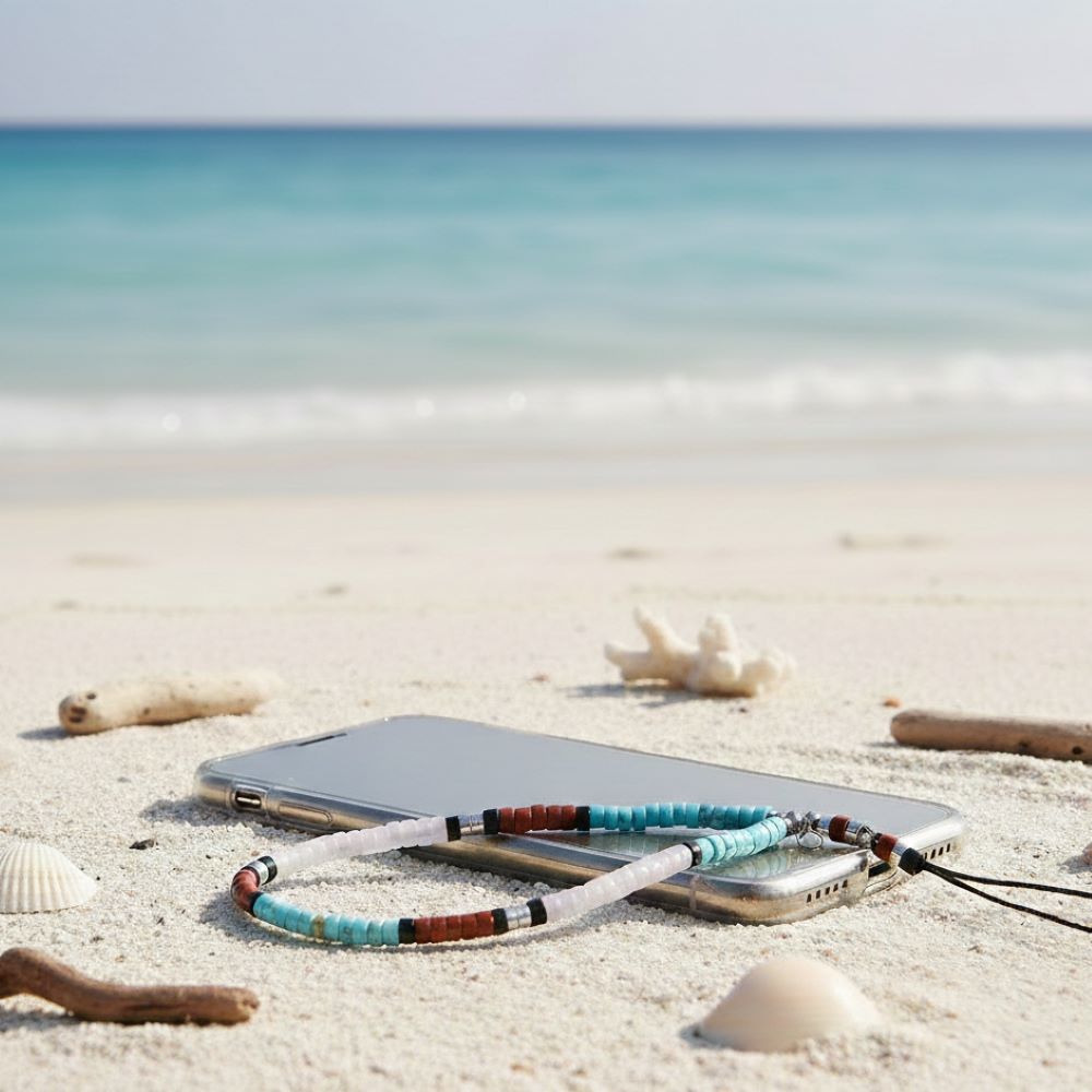 Alternative view of Bijoux de téléphone en pierre heishi agate noir jaspe rouge turquoise quartz rose