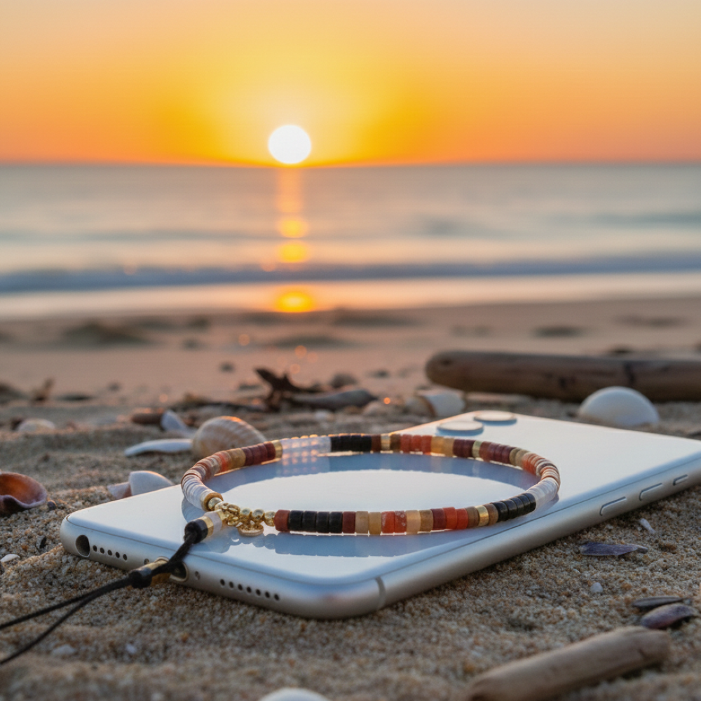 Alternative view of Bijoux de téléphone en pierres heishi serpeggiante jaspe noir orange rouge et turquoise blanche